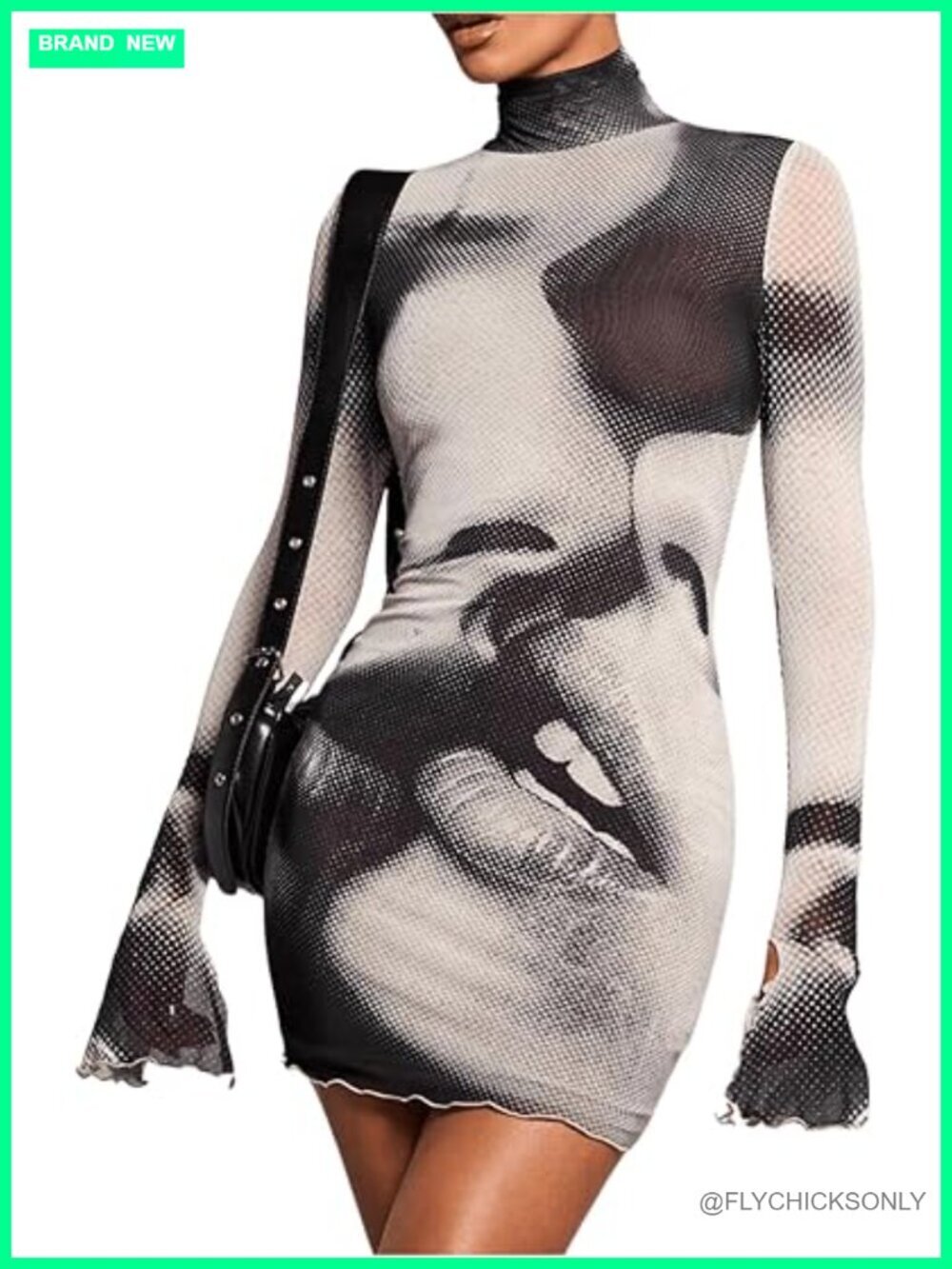 Graphic Print Bodycon Mini Dress Long Sleeve Turtleneck Pencil Dress